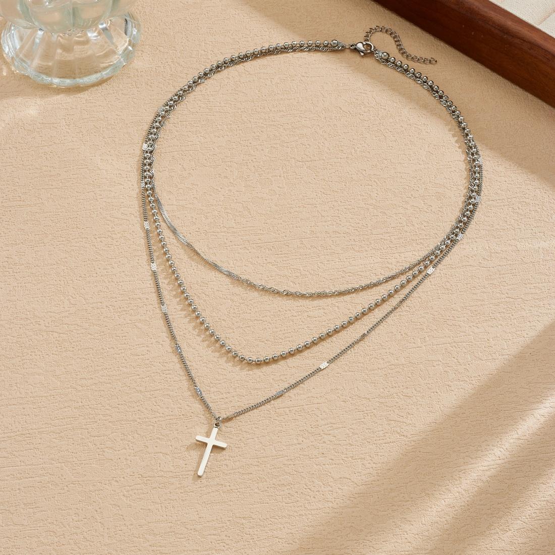 Stainless Steel Multi Layer Cross Pendant Necklace For Women Girl Fashion New Trendy Jewelry Accessory Gift Party Glamorous