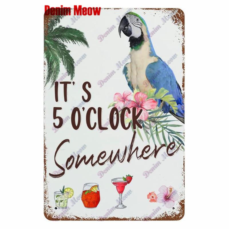 Metal Tin Sign Wall Decor, Vintage Parrot Cocktail Bar Plates, Kitchen Painting Decor, It's 5 O'clock, WY23