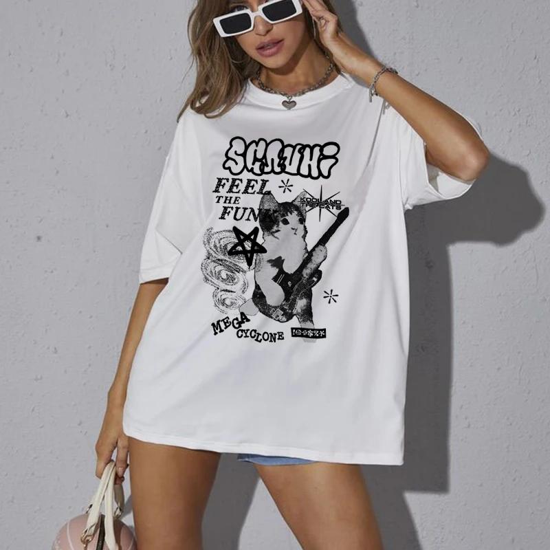 Y2k Streetwear Graphic Tees Women Korean Fashion Kawaii Cat T Shirt Oversized Fashion Graphic Tops FeUnisex Hippie Grunge Clothing