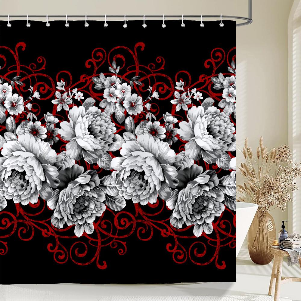 1 Pcs Shower Curtain Flowers Plants Black Printed Bathroom Curtain Polyester Cloth Waterproof Home Decoration Curtain with Hook