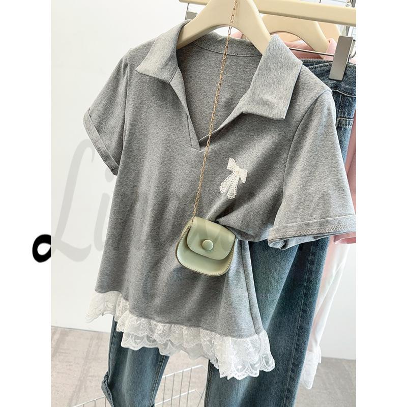 2026 Summer Plus Size Women s Polo Lace Bow Short Sleeve Top L хизер серый