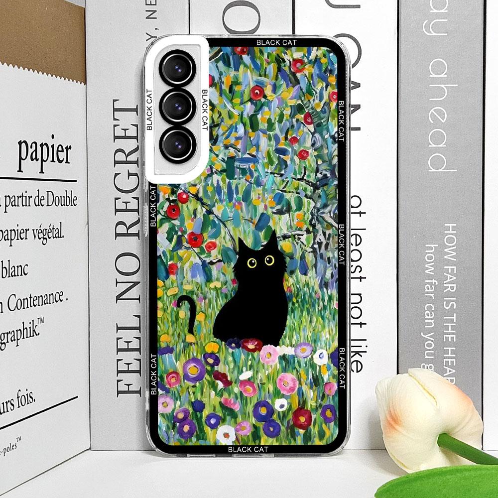 Retro Oil Painting Van-Gogh Flower Art Cat Phone Case for Samsung Galaxy S25 S24 S23 Ultra S22 Plus S21 FE 5G Clear Cover Fundas