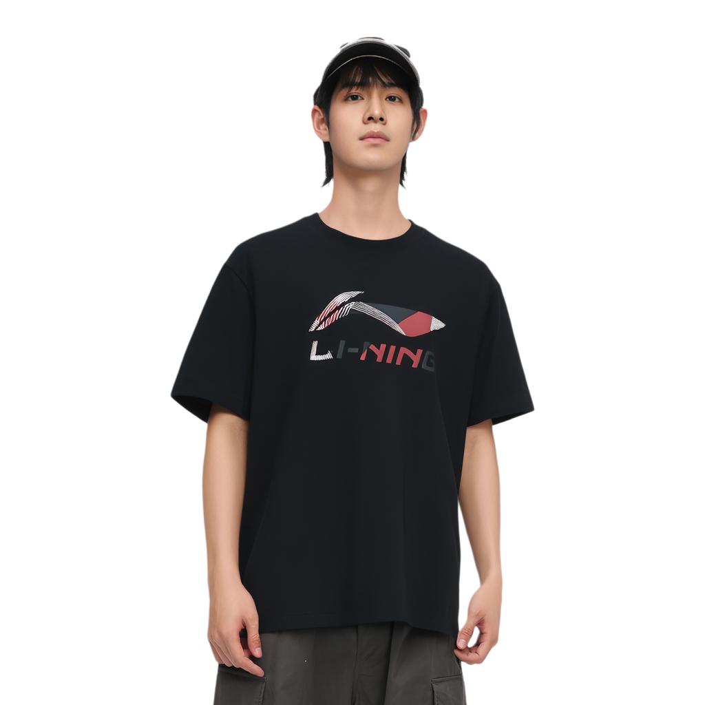 Serie de Tendencias Deportivas Li Ning Camiseta Informal Minimalista de Color Sólido con Cuello Redondo de Manga Corta para Hombre Camisetas Negras AHSV161-2