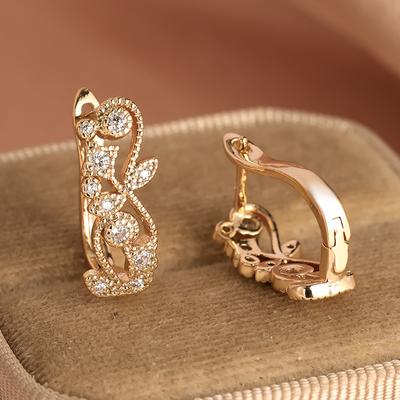 Elegant White Zircon Leaf Drop Earrings for Women Gold Color Hollow Hoop Earrings Fashion Jewelry Christmas Gift