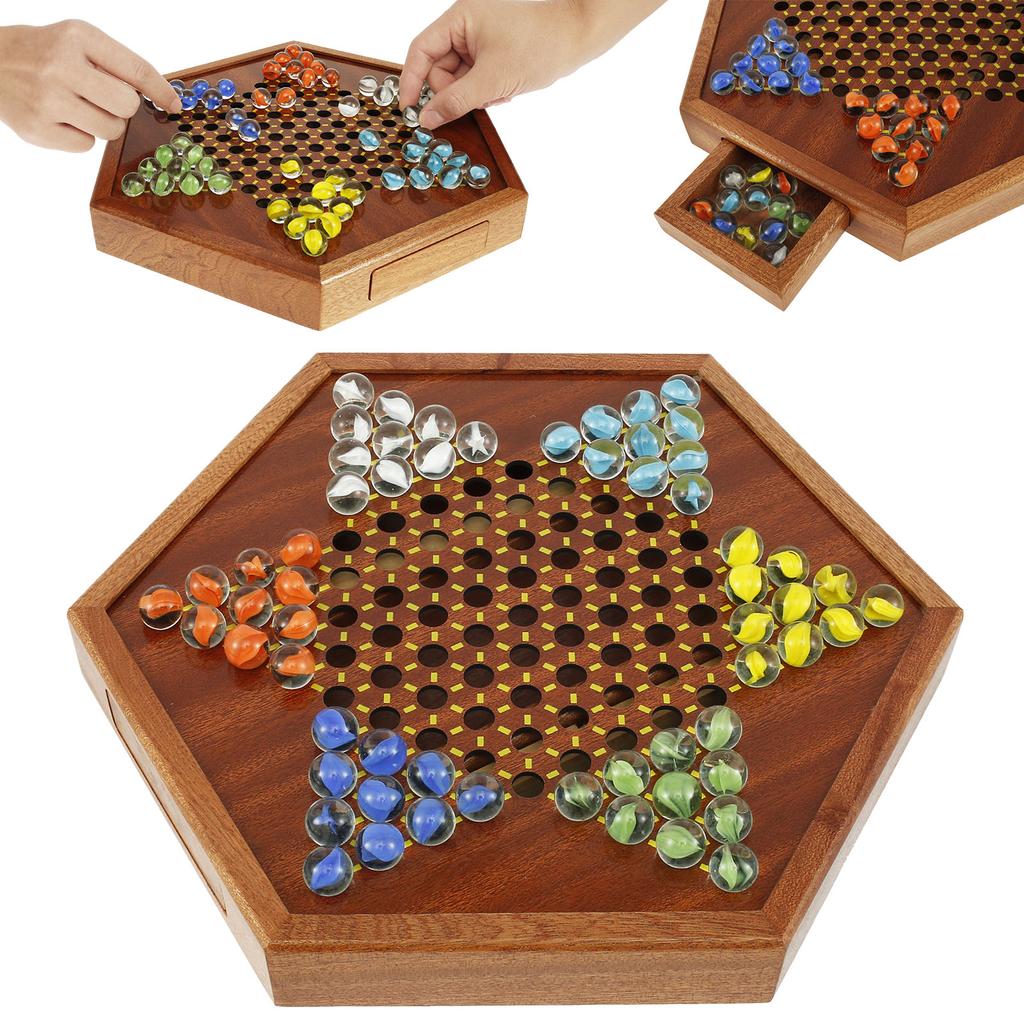 Chinesische Dame Holz Chinesische Dame Spiel mit Schubladen und 72 bunten Glaskugeln Lustiges Holz Brettspiel Strategie Familie