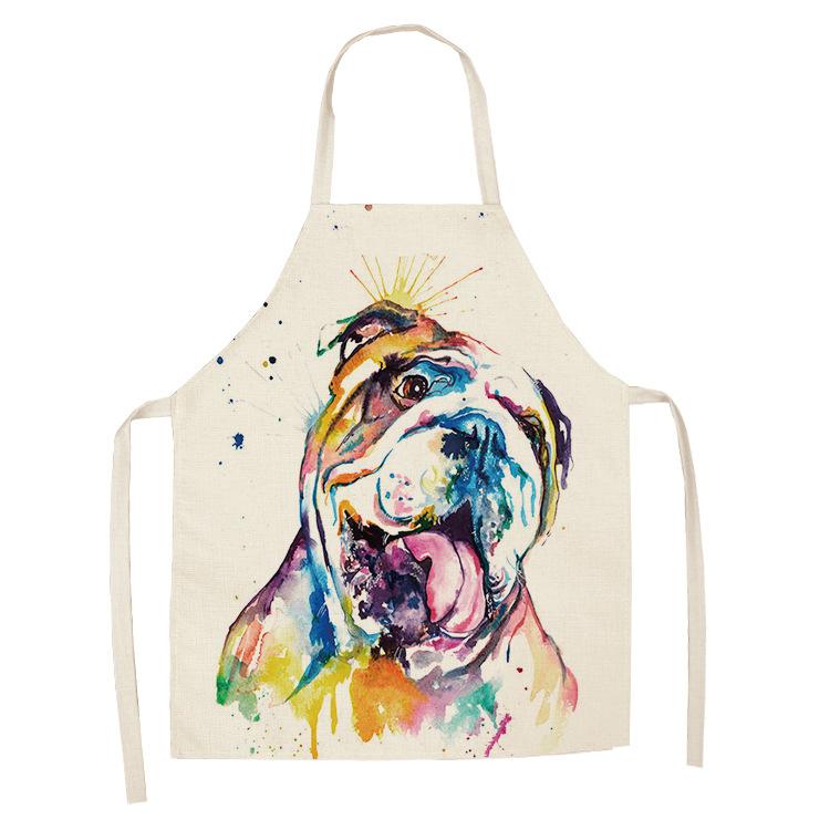 1 Pcs Cotton Linen BullDog Dog Print Kitchen Aprons Unisex Dinner Party Cooking Bib Funny Pinafore Cleaning Apron