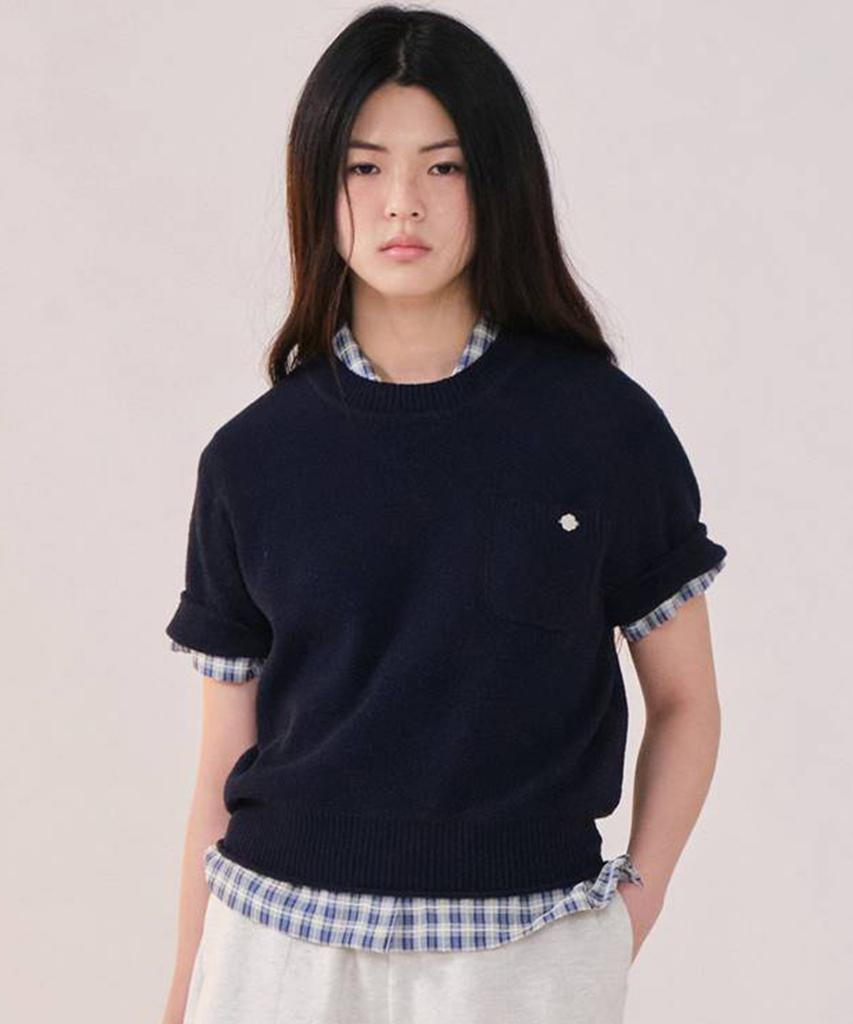 COVERNAT WOMAN Round Boucle Short Sleeve Knit Navy