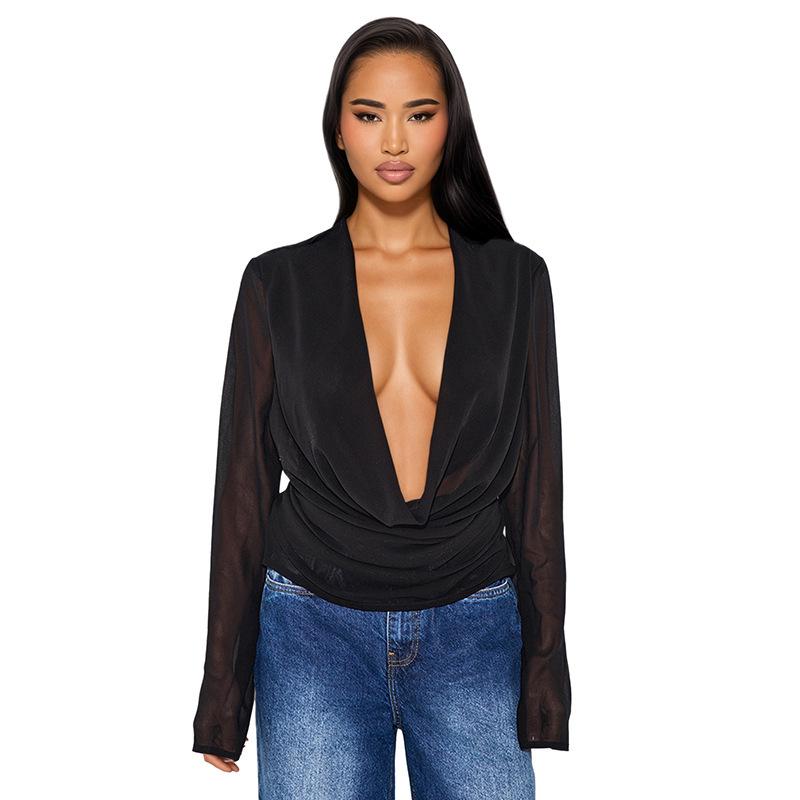 J25TP327 Women's Deep V Chiffon Long Sleeve Top with Flowing Collar and Scarf