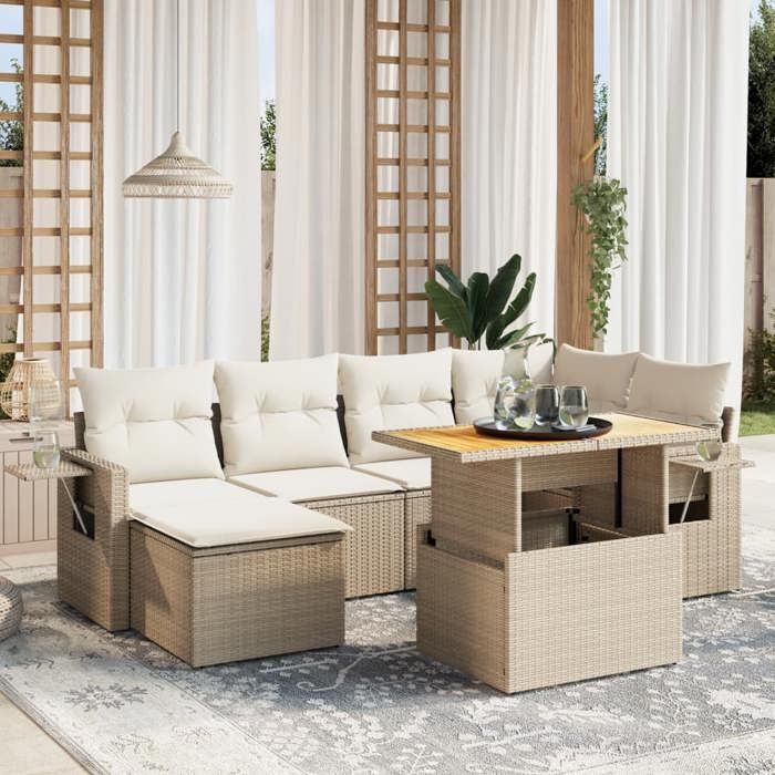 VidaXL Salon de Jardin avec Coussins 7 pcs, Canapés de Terrasse, Ensemble de Meubles de Patio, Mobilier d'Extérieur, Beige 3271856