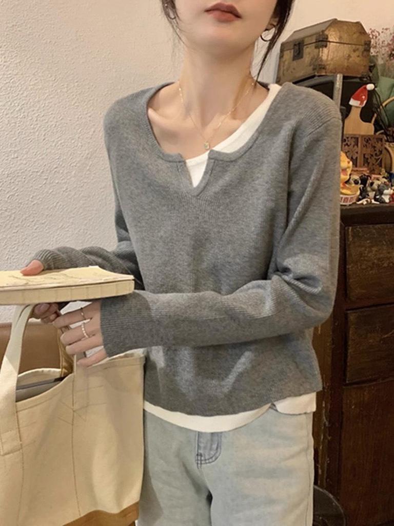 Women's French-Style Knit Sweater: Chic, Soft, Two-Piece Look with Revealing Collarbone for Spring, Autumn, and Winter.