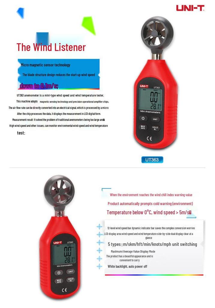 UNI-T UT363/UT363BT Digital Anemometer: Wind Speed Meter & Measurement Instrument