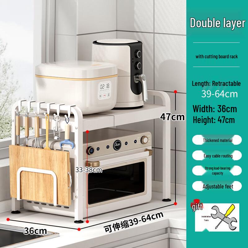 

Extendable Kitchen Microwave Storage Rack with Double-Layer Cutting Board Holder and Hooks
