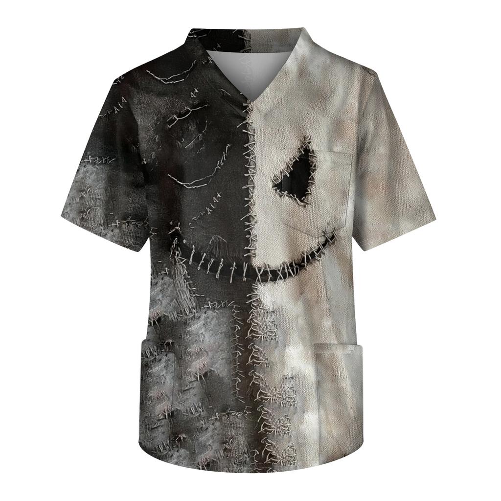 Men's Printing Short Sleeve V-neck Working Blouse Chest Pocket Carer Top