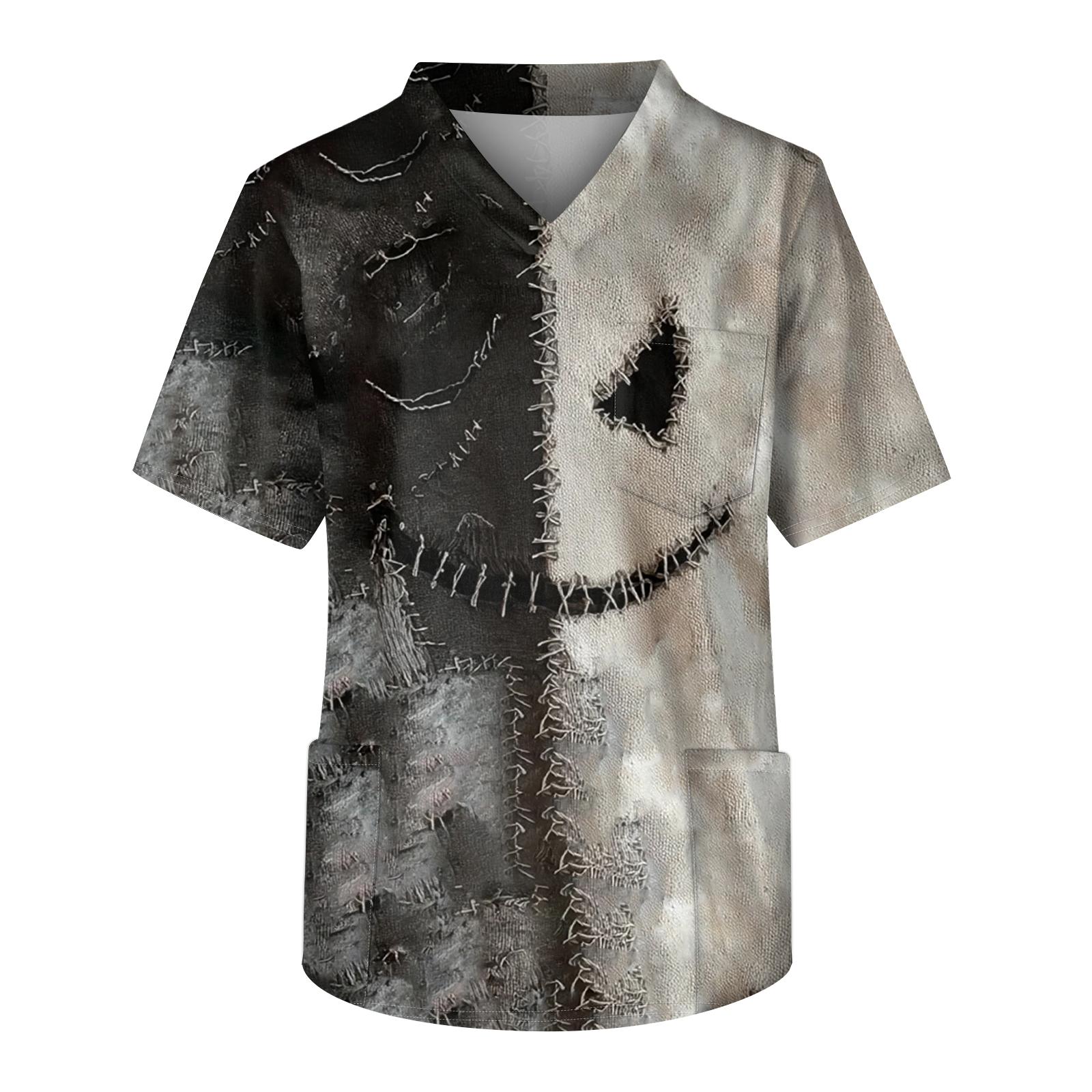 

Мужская рабочая блузка с короткими рукавами и v-образным вырезом с принтом, топ с нагрудным карманом M белый