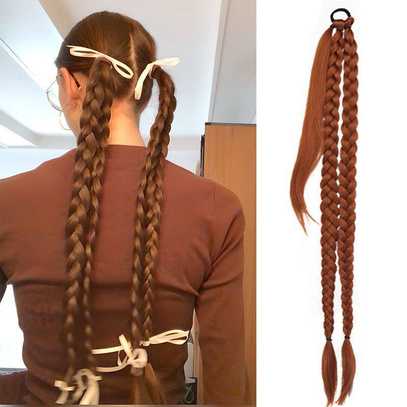 30Inch Black Double Braided Ponytail Extension, Long Straight Ponytail Hair Extension Heat Resistant Synthetic Wigs for Daily Us