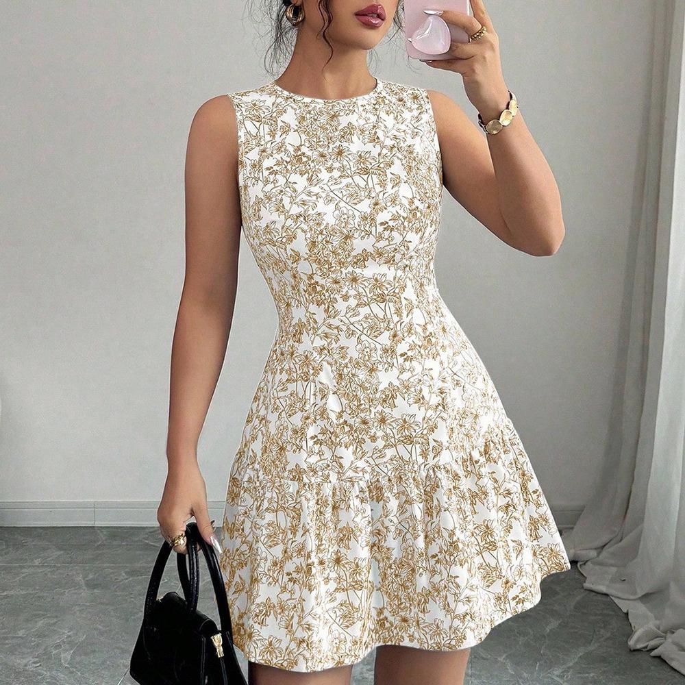 

2026 Floral Sleeveless Holiday Short Dress: European & American Style Vest Extra Small