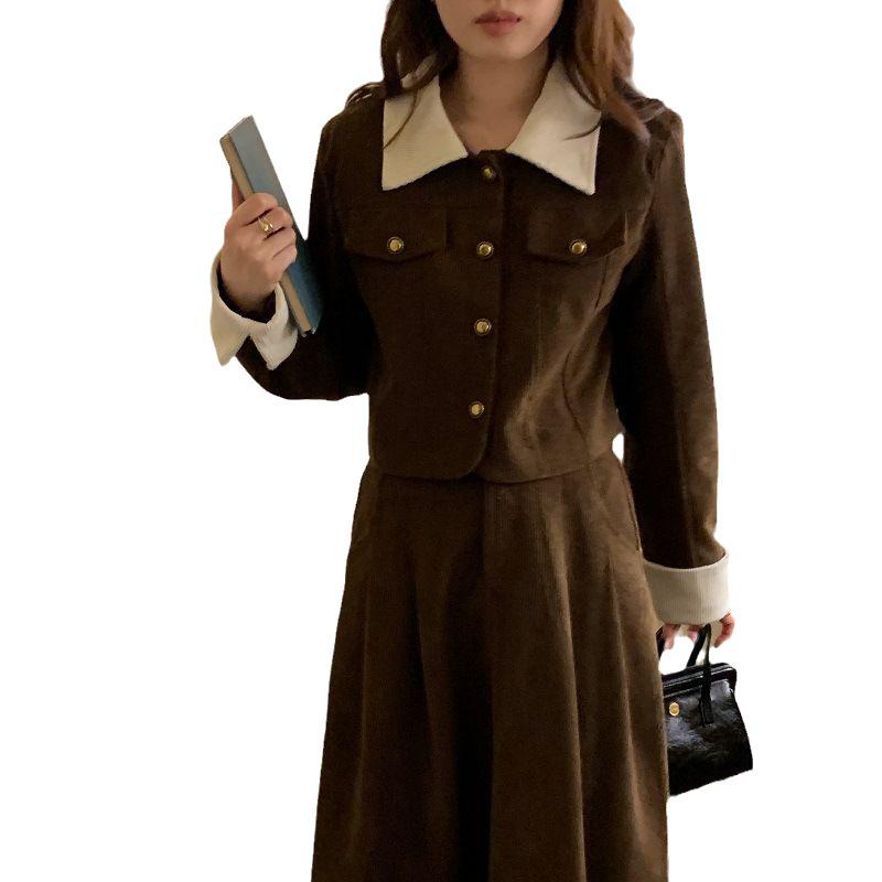 2023 Retro Hepburn Corduroy Contrast Lapel Jacket & High Waist Skirt Set