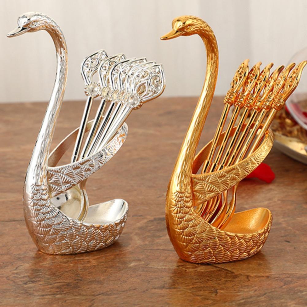 Stainless Steel Creative Dinnerware Set Decorative Swan Base Holder With 6 Spoons For Coffee Tea Cake Dessert Kitchen Supplies