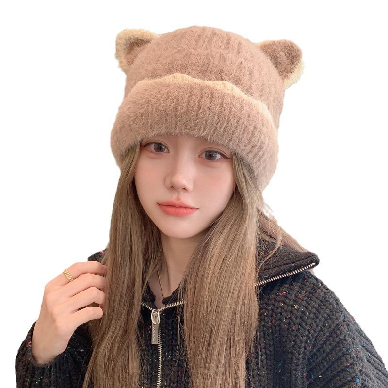 Korean Version of FallSeason and ColdSeason BrandNew Cute Ear Hat for Women Japanese Knitted Wool Hat for ColdSeason Warm Big Head Around Cold Hat