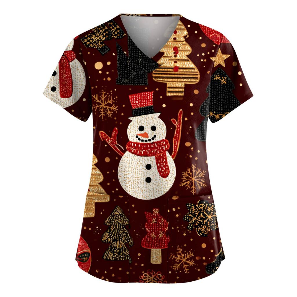 Dámská móda Výstřih do V Krátký rukáv Pracovní oděv s kapsami Vánoční potisk Top Uniforma pečovatele