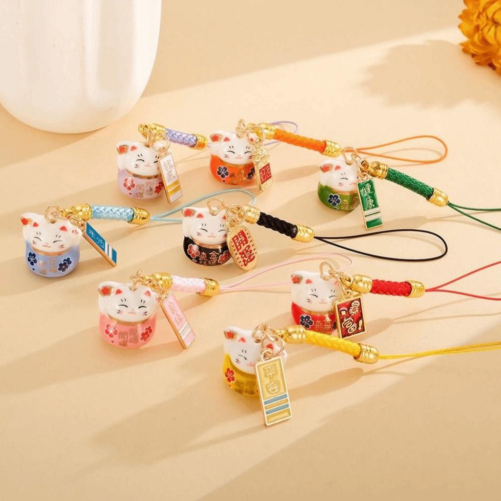 Chinese Style Ceramic Lucky Cat Phone Charms Fortune Fortune Cat Key Chain New Year Gift