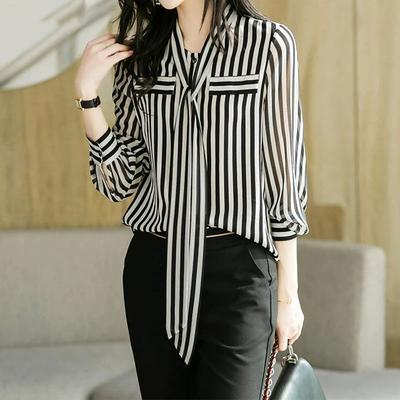 Sommer Herbst Elegant Mode Büro Dame Gestreifter Druck Mode Frau Blusen 2024 Temperament Langarmhemd T-Shirt Frau