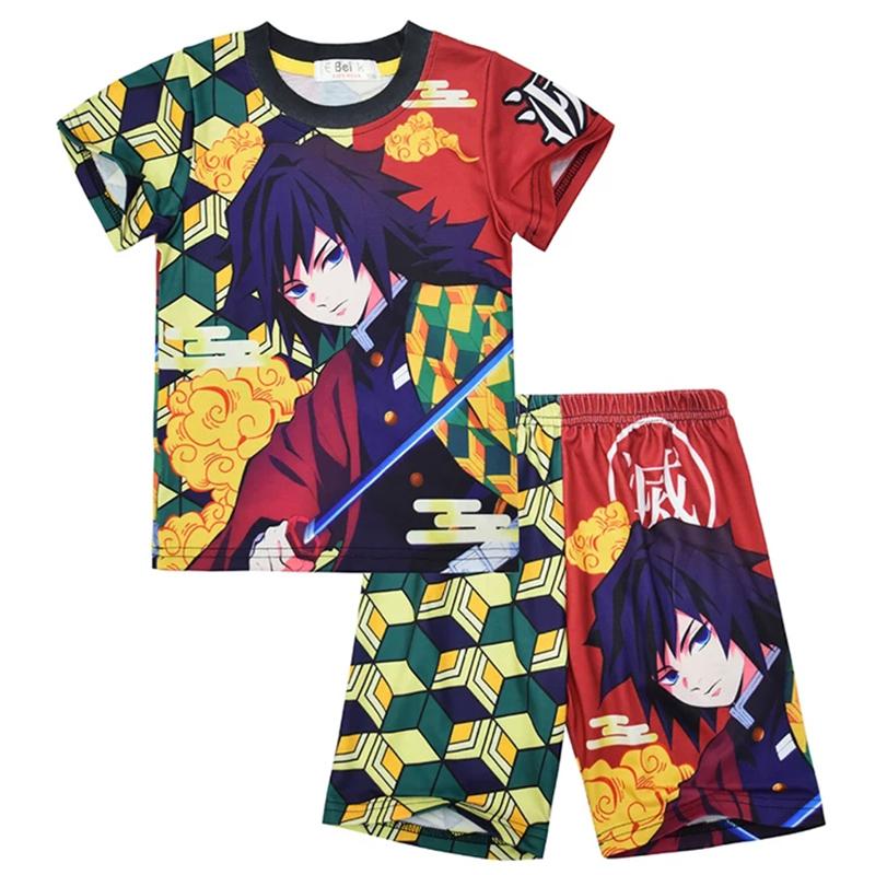 Demon Slayer Kyojuro Rengoku Flame Hashira 2-Piece Set Short Sleeve T-shirt and Matching Shorts Anime Print Casual Loungewear