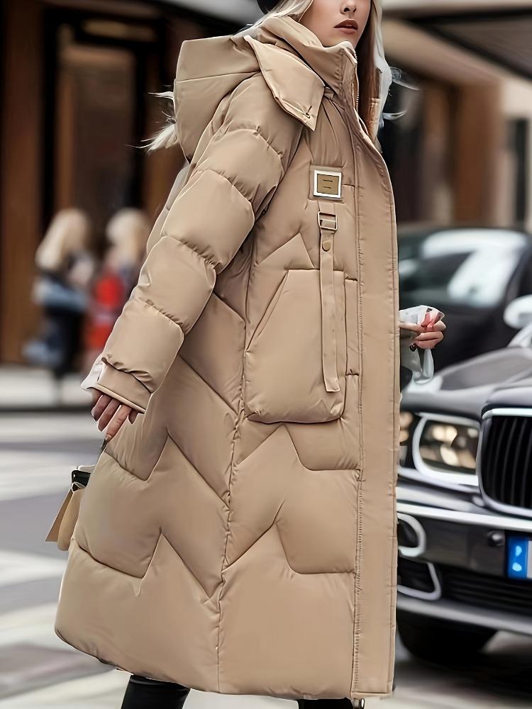 Solid Color Zip-Up Hooded Coat, Versatile Warm Quilted Detail Long Sleeve Mid-length Coat for Winter, Women's Clothing