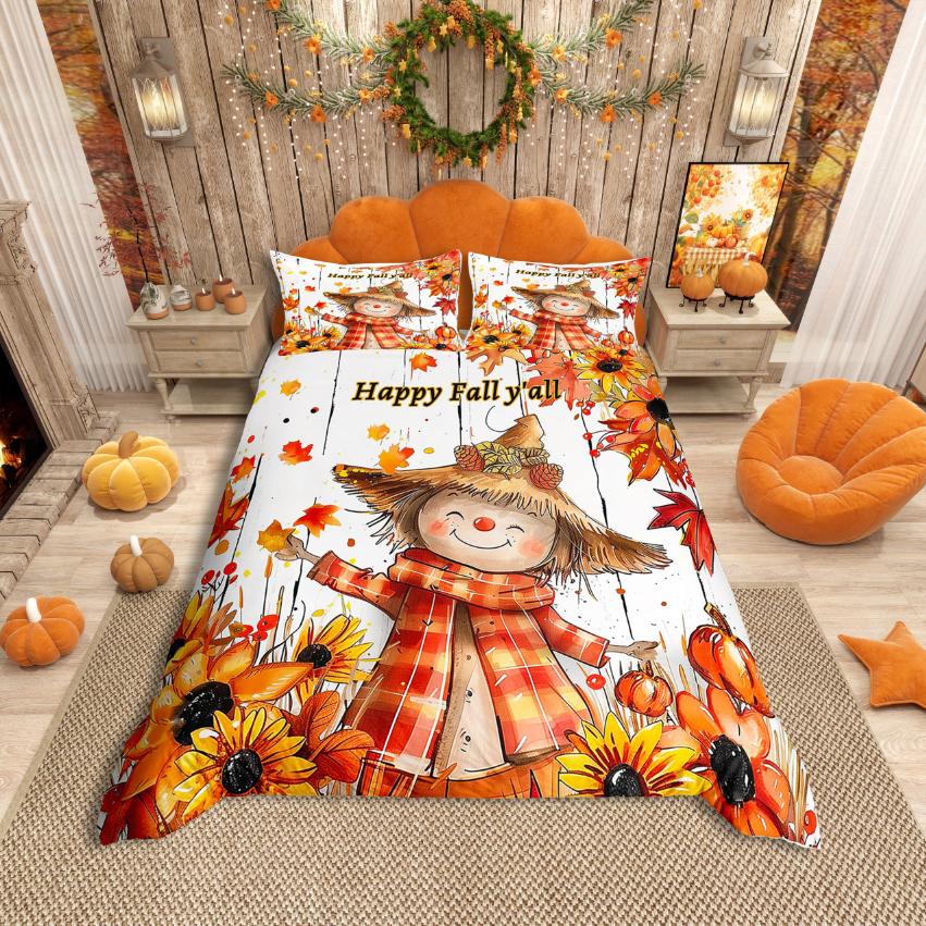 Homewish Rustic Flower Maples Duvet Cover SetAutumn Harvest Pumpkin Comforter Cover SetBrown Pine Cone Bed Set For Girls