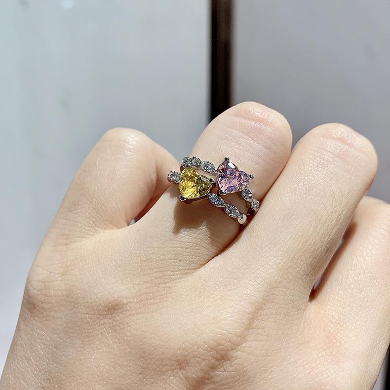 Cross Border New Love Ring Women's Simulation Pink Yellow Simple Zircon Peach Heart Jewelry