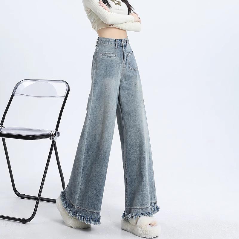 Autumn 2024 Women's High Waist Wide-Leg Retro Frayed Jeans
