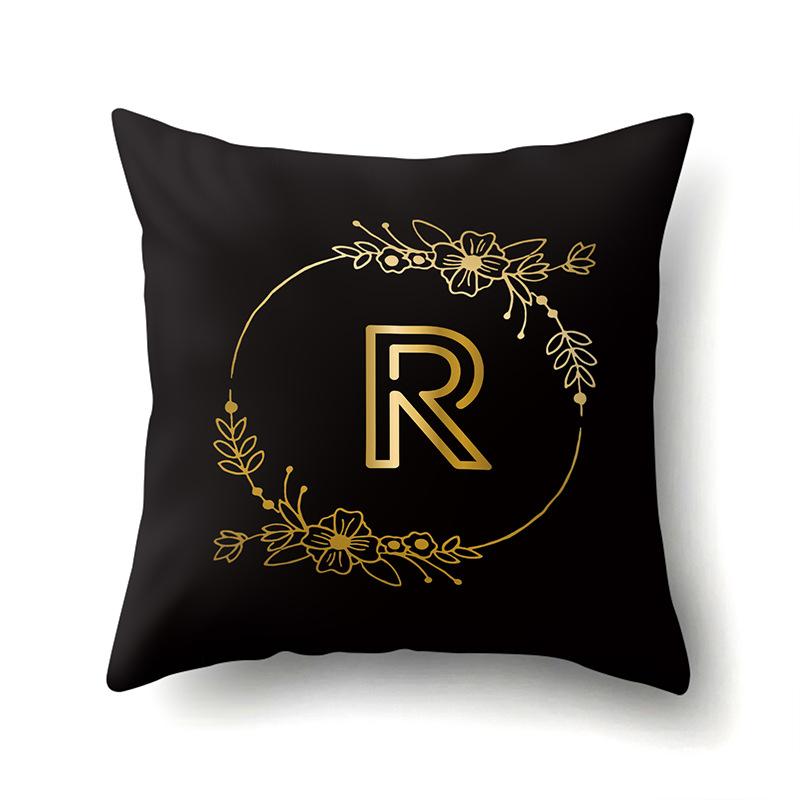 Polyester Pillowcase Black Gold Flower Home Decoration Print Pillowcase 26 English Letter Cushion Cover