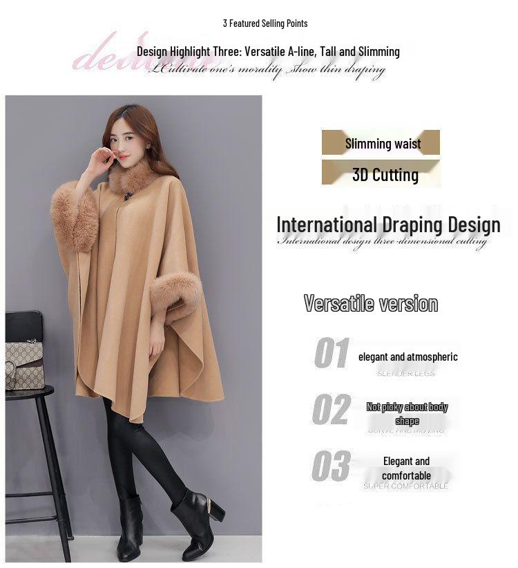 Women's Hepburn Style Wool Coat with Large Rabbit Fur Collar - Autumn/Winter Mid-Length Cape Shawl, Plus Size Available.