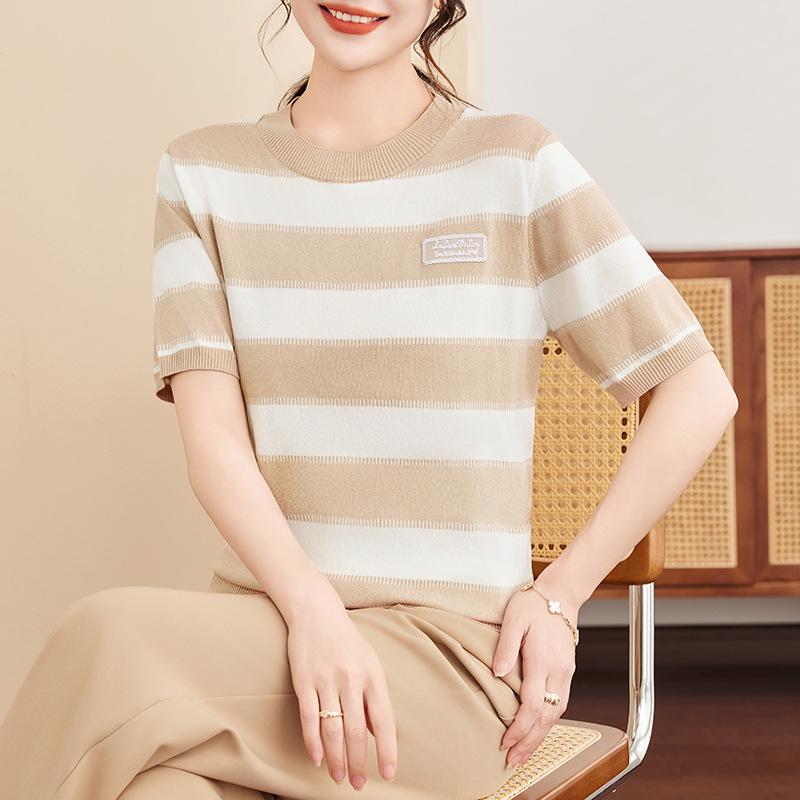 Mother's Day Ice Silk Striped Knit Top: Women's Summer Short-Sleeve Loose Slimming Fashion Wear.