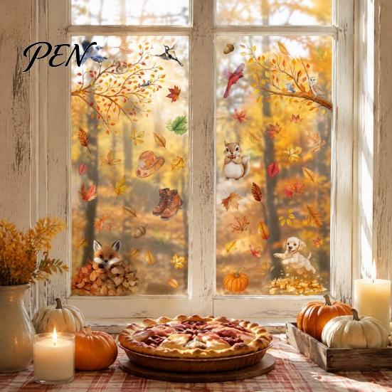 Decorative Autumn Elements for Doors 9PCS Thanksgiving Static Window Clings, Fall Leaves Birds Cute Animals Easy Clean Film Winter Glass Stickers,