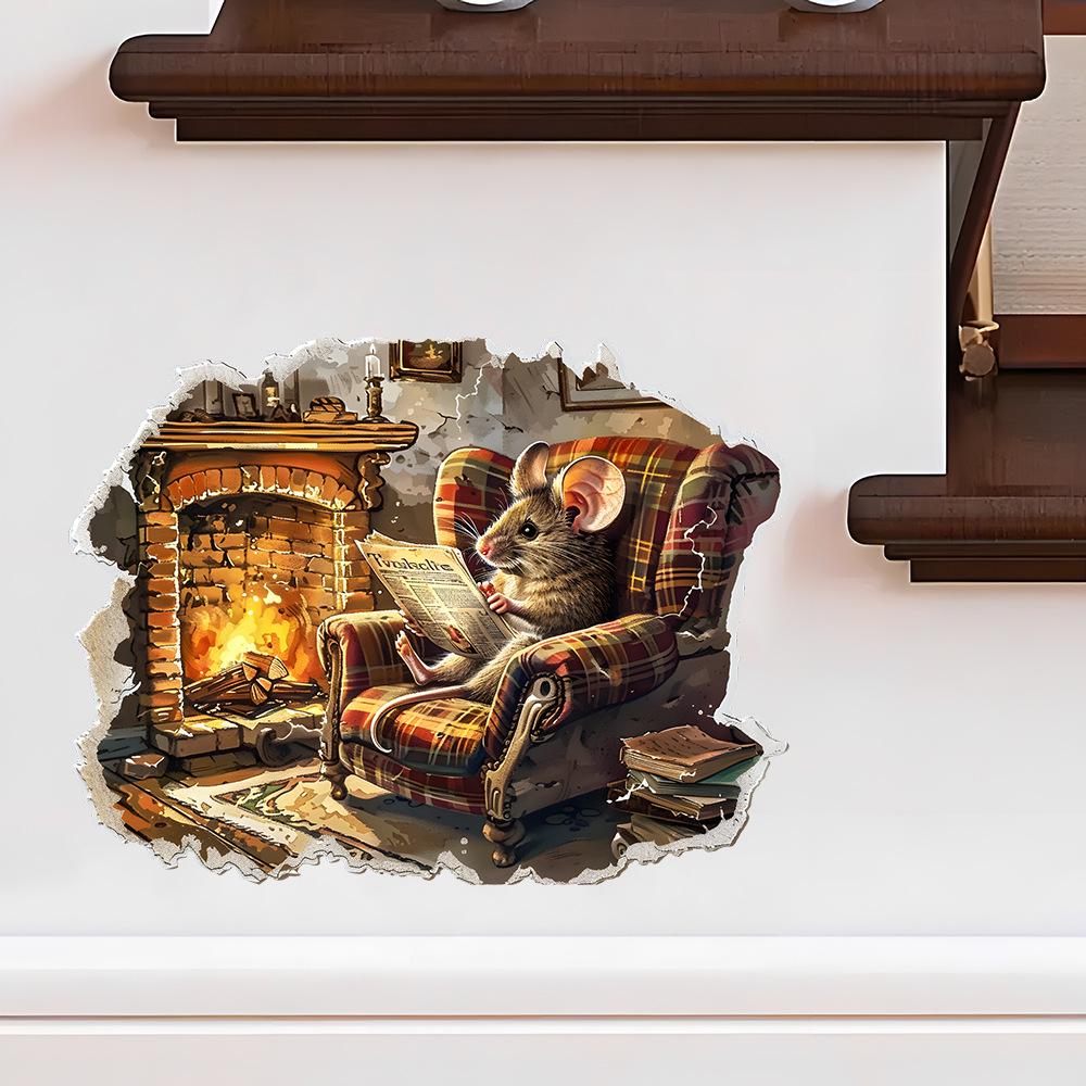 Funny Mouse Reading Newspaper Sticker No Glue Easy Apply Vintage Living Room Wall