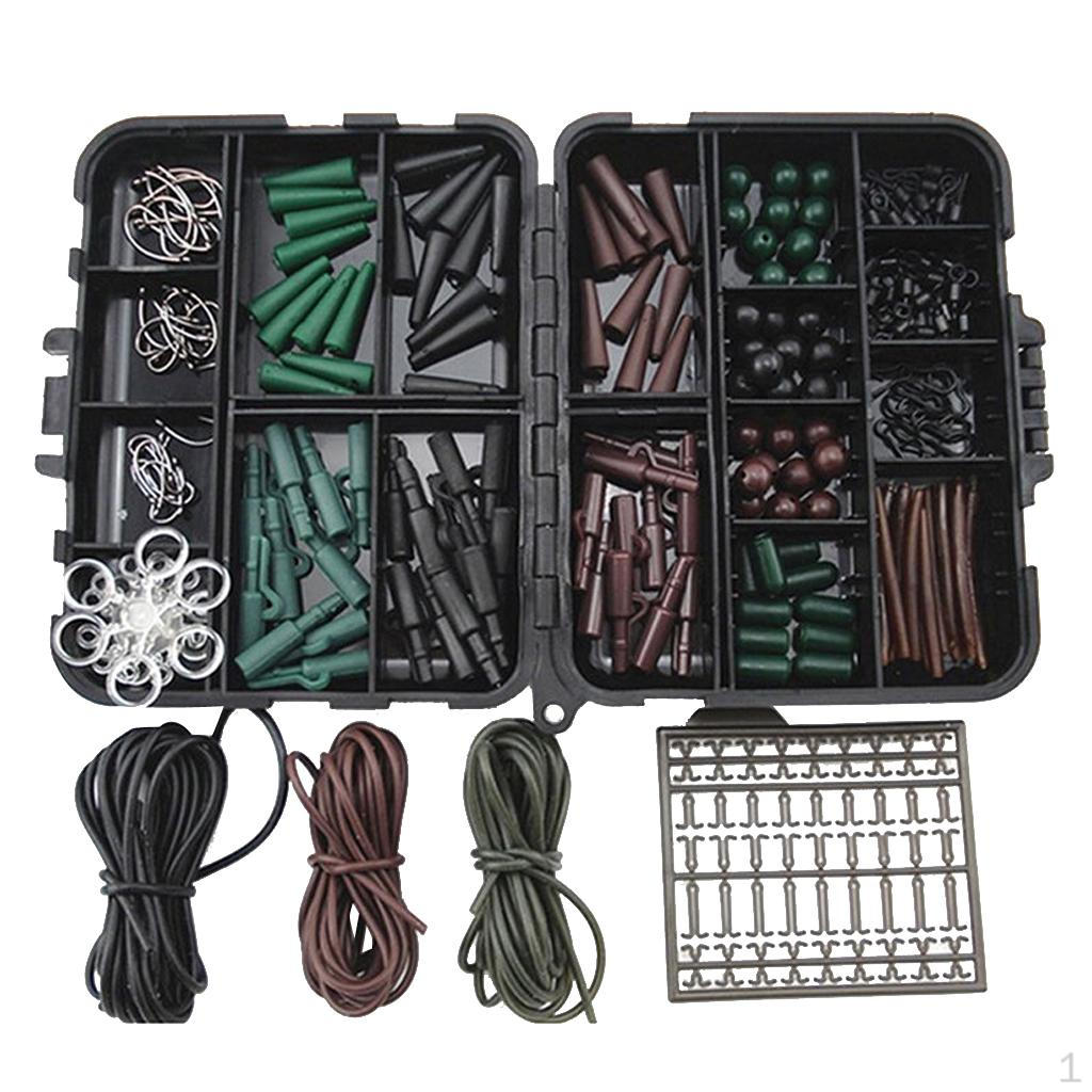 

Fishing Carp Hair Rig Set Weights Safety Clips Hooks Rubber Tubes Swivels Beads Tackle box