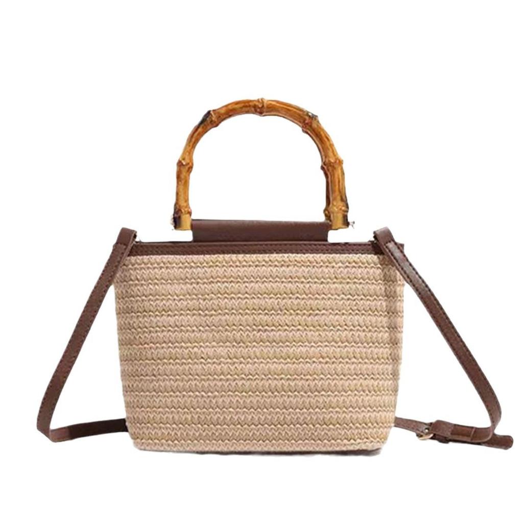 Nischen Design Retro Handgehaltene Strohtasche für Damen Neue Modische Vielseitige Schulter Crossbody Tasche Gewebte Eimer Tasche