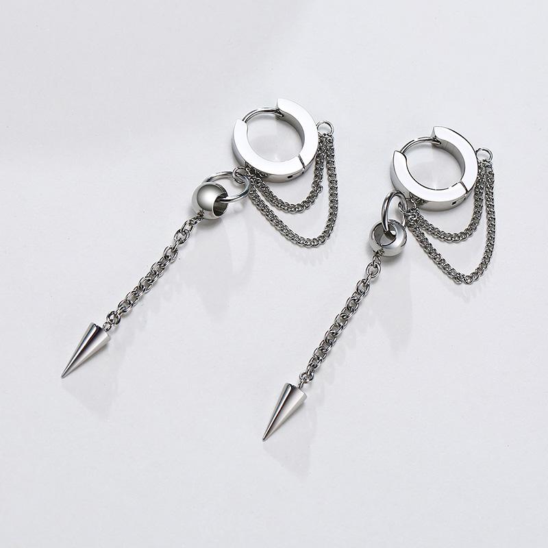 Triangle Cone Spike Long Chain Earring Stainless Steel Double Connected Chains Huggie Hoops Earring Mens Jewelry