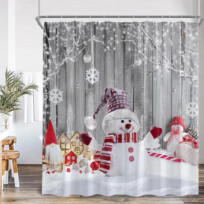 Red Santa Claus Shower Curtains Green Pine Bough Xmas Balls Snowflake Christmas Bath Curtain Set Home Bathroom Decor With Hooks