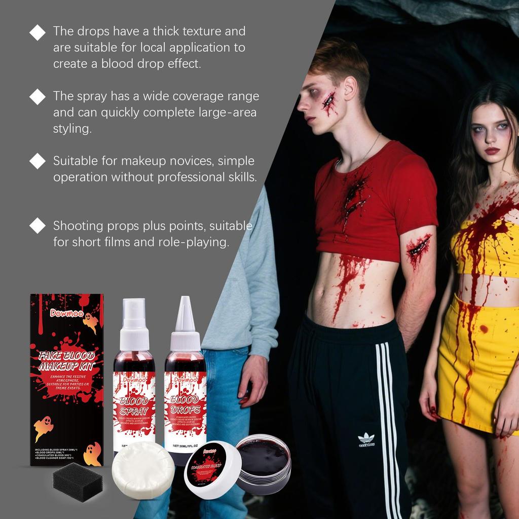 Dowmoo Halloween Fake Blood Makeup Set, Includes Fake Blood, Blood Clots, Vampire Imitation Blood, Scary Makeup Effects for Cosplay, 1 Set