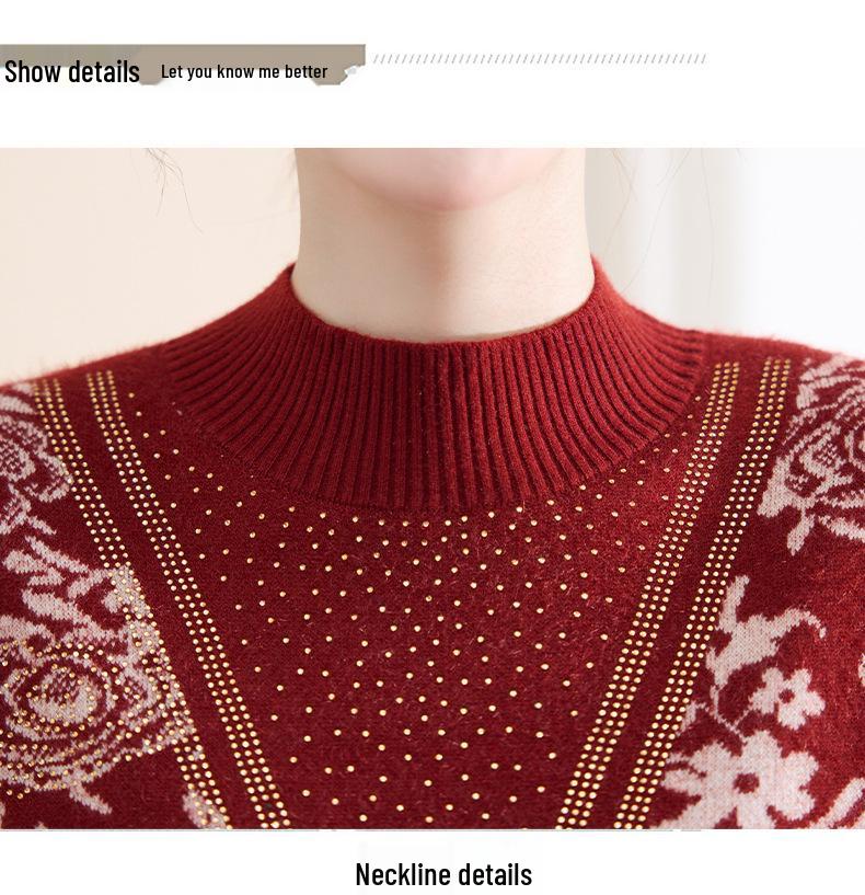 Chic Autumn/Winter Velvet-Lined Half-High Collar Warm Sweater for Stylish Middle-Aged & Elderly Women