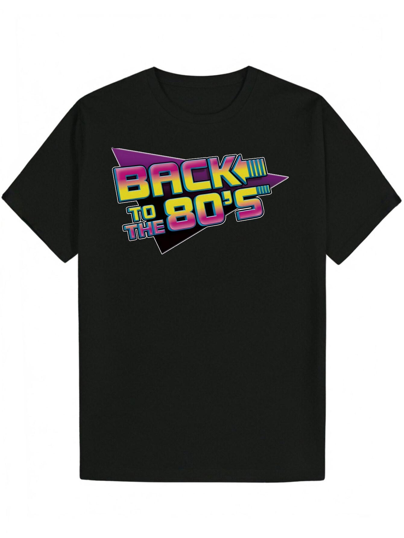 Retro 80s Graphic T-shirt - Black Casual Short Sleeve Tee with Neon BACK to THE 80 S Print L