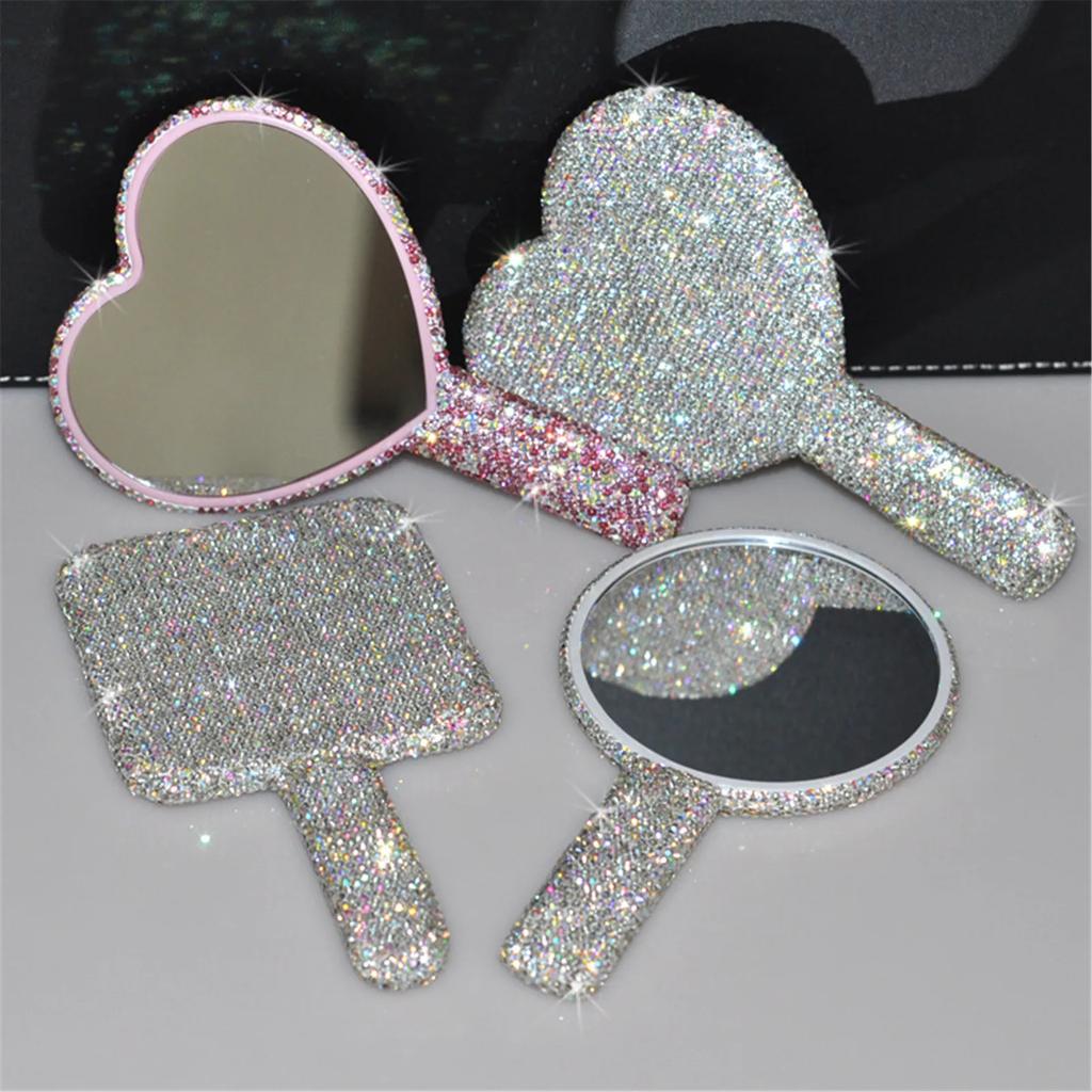 Travel Diamond Makeup Mirror Love Heart Bling Cosmetic Beauty Tools Handheld Vanity Portable Make Up Mirror for Girls Gifts