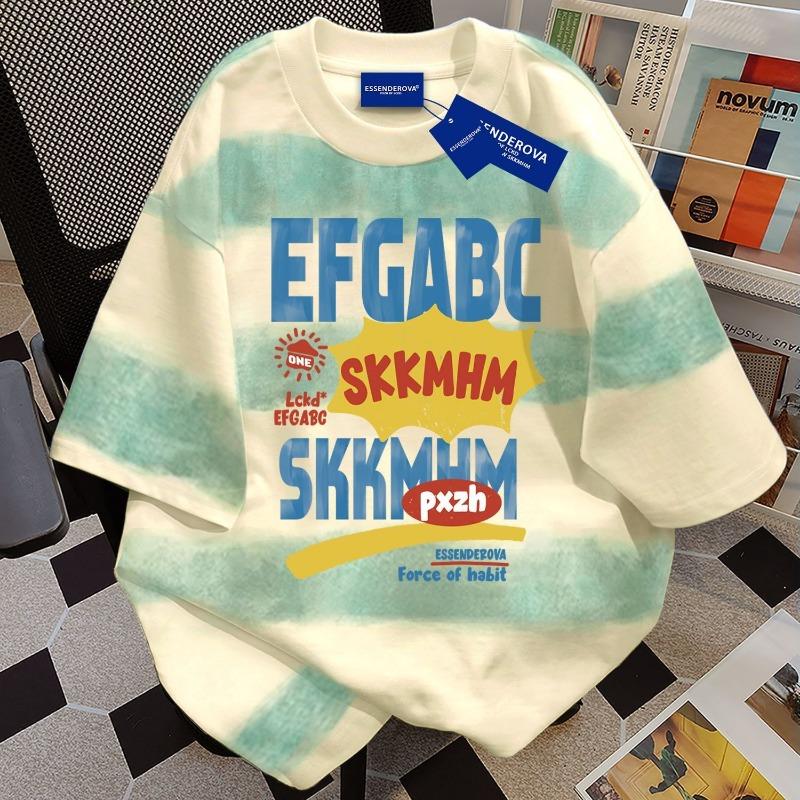 Pure Cotton Trendy Brand Niche Tie-dye Gradient Striped Short-sleeved T-shirt for Men and Women Summer Popular Loose Round Neck Top S зелёный