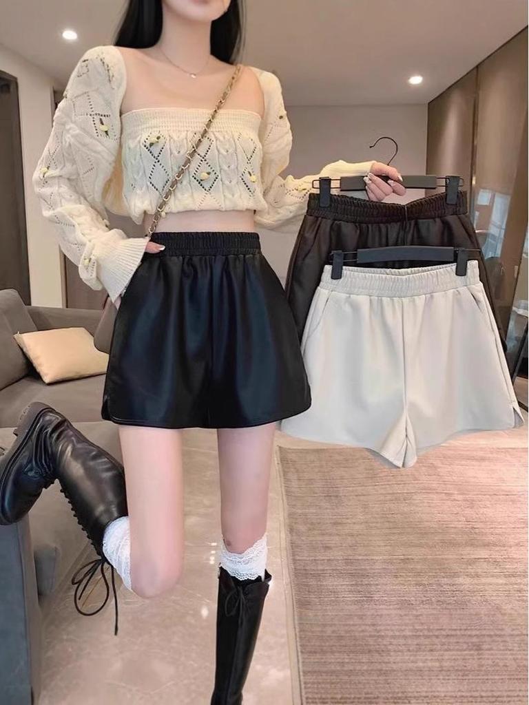 Women's High-Waisted PU Leather A-Line Shorts - Winter 2024, Versatile Wide-Leg Bootcut Pants