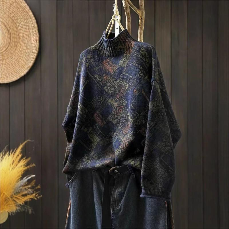 Нишевый принт с воротником-стойкой и длинными рукавами винтажный свитер женский зимний свободный ретро-свитер One Size