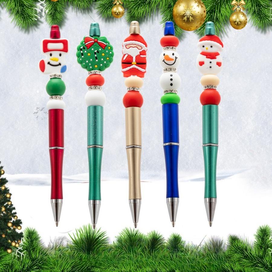 12PCS Red Green Christmas Bead Ballpoint Pen, Santa Claus Snowman Pine Tree Rotating Black Pen,Student Writing Stationery Office Signature Pen Supplie