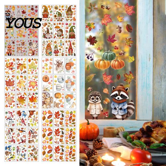 Removable Maple Leaf Decals 9 Sheets Fall Woodland Animals Window Clings, Autumn Pumpkin Clings Squirrel Fox Rabbit Glass Sticker, Anti Collision