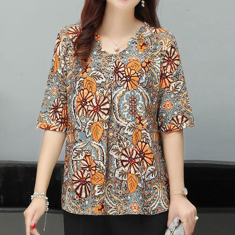 

Женская одежда Рубашка на пуговицах с круглым вырезом Винтажный цветочный принт Летняя с рукавом до локтя Элегантные складки Повседневная для работы Свободная блузка 4XL белый